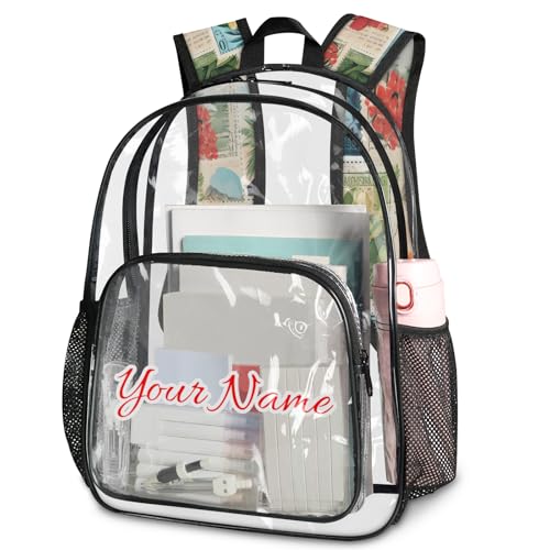 Personalized Large Clear Backpack Stadium Approved Heavy Duty PVC Plastic Custom Transparent Backpacks See Through Bag with Name, Tropical Beach Theme