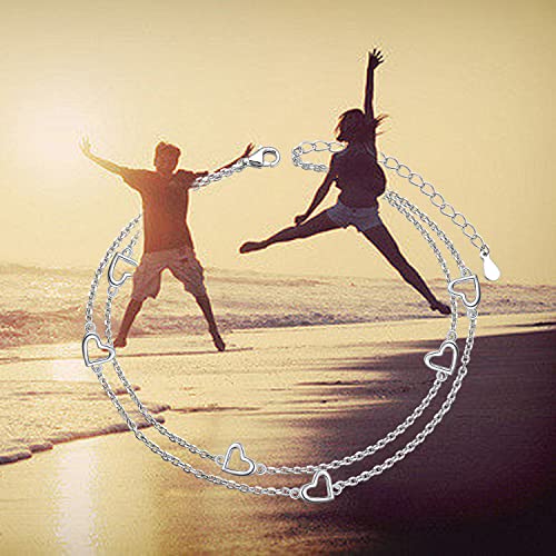 Image of Flyow Anklet for Women S925 Sterling Silver Adjustable Foot Beaded Heart Charm Ankle Bracelet Anklets Jewelry