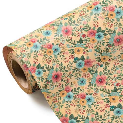 WRAPAHOLIC Kraft Floral Wrapping Paper Roll - Mini Roll - 17 Inch x 9.8 Feet - Spring Summer Garden Flower Design Perfect for Wedding, Bridal Shower, Birthday