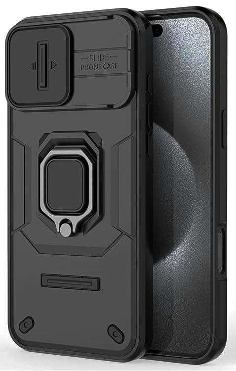 Image of SHINESTAR Tough Armor iPhone 15 Pro Max Bumper Back Case Cover | Ring Holder & Sliding Camera Shield Cover | 360 Degree Protection Back Case Cover for Apple iPhone 15 Pro Max (Black)