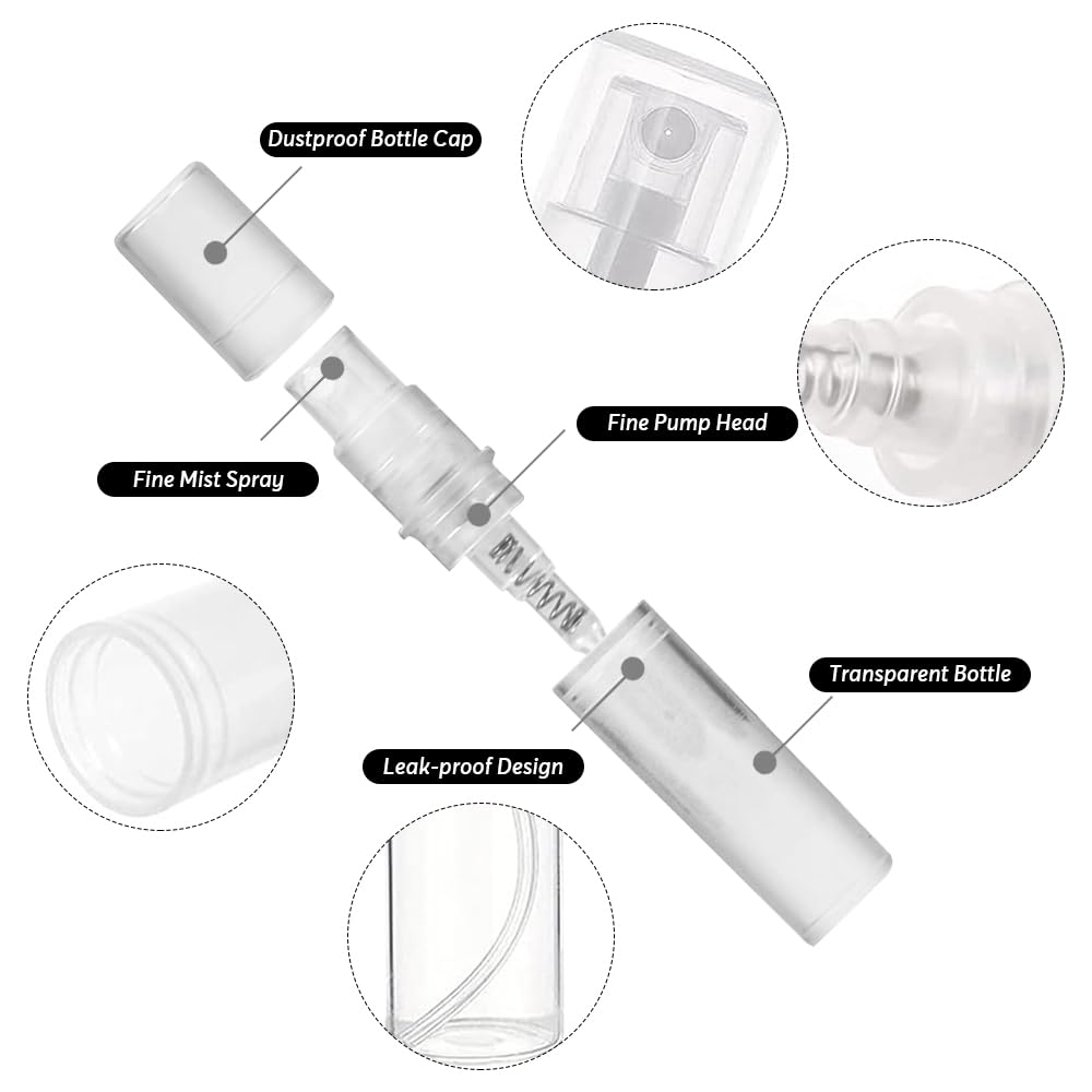 mizikuu 100 Pezzi 2ML Mini Flacone Spray, Riutilizzabile Bottigliette Spray Vuote in Plastica Profumo Atomizzatore di Profumo Bottiglia Campioni di Profumo per l'uso quotidiano e i viaggi