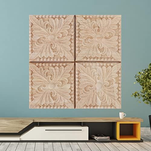4Pcs Wood Carved Applique Unpainted Checkered Decal Vintage Flower Corner Natural Onlay Furniture European Style Bed Door Cabinet Wall DIY Frame Decor for Home (2#)