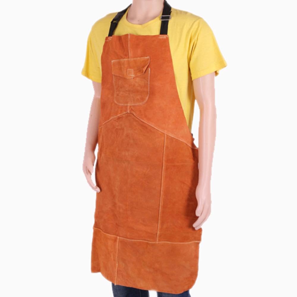 Tablier de soudage en cuir, 70 x 100 cm, taille unique, jaune, résistant à la chaleur, tablier de travail du cuir avec sangles réglables et nuckle à dégagement rapide pour homme et femme