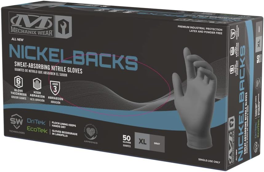 Mechanix Wear: 6 Mil Nickelback Nitrile Gloves with Sweat Absorbing Liner, Latex and Powder Free, Disposable Gloves, Textured Grip, 50 pack, Cleaning and Mechanic Work Gloves (Gray 6 mil, Medium)