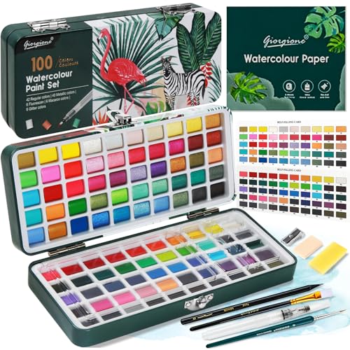 Water Colors Paint Set Travel Watercolor Painting Set with Metal Case Watercolor Painting Set Includes Brushes Palette 8 Sheets of Watercolor Paper Suitable for Beginners Artists 100 Colors