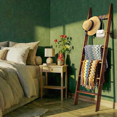 Decorative Wooden Blanket Ladder with Removable Hooks for The Living