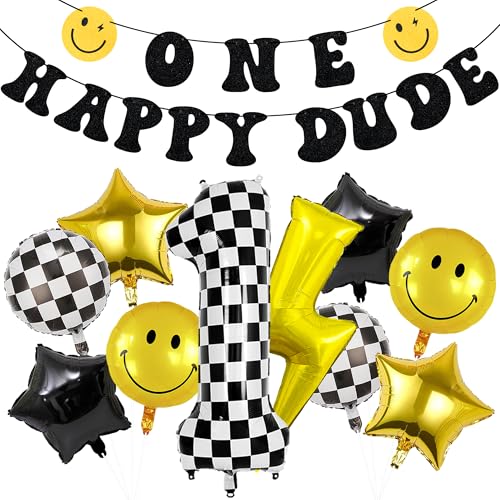 One Happy Dude Birthday Decorations One Happy Dude Balloons with Pre-Strung Banner Black Glitter First Birthday Party Decor for Baby Boy