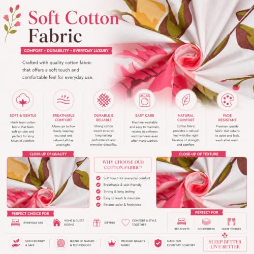 Image of IVAZA 240 TC Soft Ezyption Cotton Floral Print King Size Bedsheet - with 2 Pillow Covers, Hypoallergenic, Brethable, (Size- 90 x 90 Inch) Red White