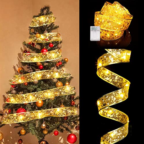 Lumière de Noël à Ruban LED, 5M/16.4ft 50 LED Guirlandes Lumineuses à Ruban Brillant Fonctionnant sur Batterie Ruban Sapin Noël LED pour Décoration de Noëls d'intérieur de Fête de Mariage (Or)