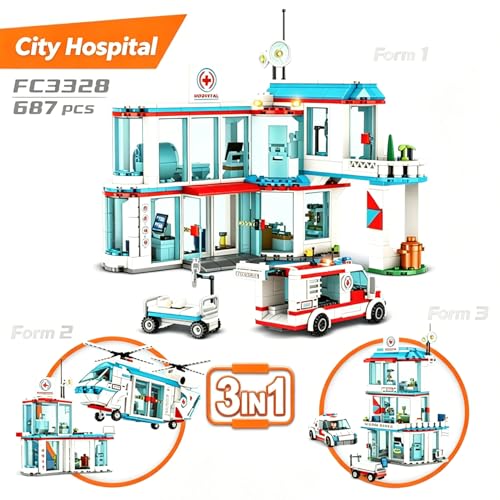 Image of SKY LINE OCEAN City Hospital STEM 3-in-1 Building Block Set, 687 PCS Multi-Model Kit with Ambulance, Truck & Rescue Helicopter, City Series Construction Toy for Kids 6+ | 5 Year Structural Warranty