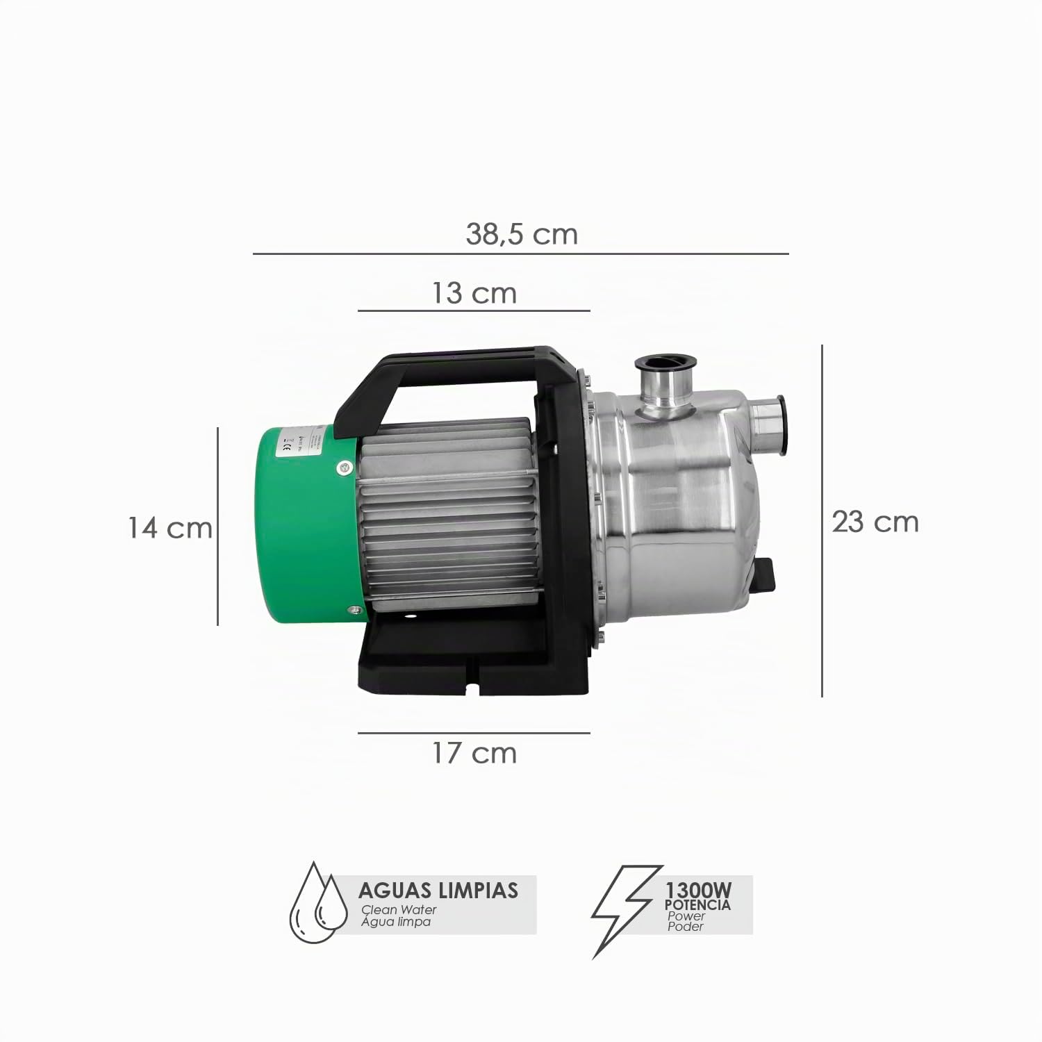 Pompe à eau propre surface en acier inoxydable 1 300 W. 5 000 l/h, profondeur 8 m, élévation 50 m. Pression maximale : 5 bar