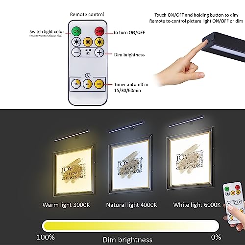 Image of Wireless LED Picture Light 16in with Remote,Dimmable and Timer Picture Lights for Paintings,Metal Rechargeable Art Light Display Lamp,3 Modes,Dartboard Light for Frame Picture Gallery Portrait
