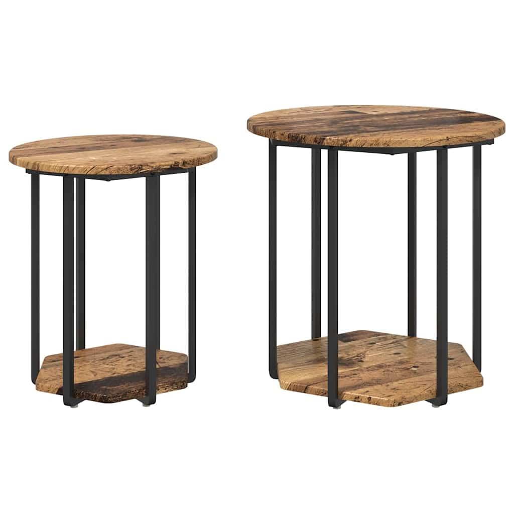 Juego de 2 mesas auxiliares en diseño industrial, mesa de metal y madera con estante, mesa de centro para salón y dormitorio, marrón, 50 x 50 x 50,5 cm