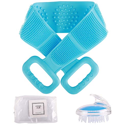 LIVINGHUB Silicone Back Scrubber And Hair Massage Brush – Travel Zip Pouch Bag Included for Shower Towel Double Sided Bath Body Scalp Deep Clean Exfoliating Massager for Men and Women (Blue)