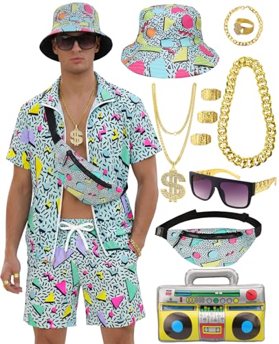 VillbeCoser 80s 90s Outfit for Men Neon Tracksuit Color Block Windbreaker Set Short Sleeve Jacket Shorts(LightBlue L)