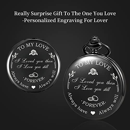 Image of TREEWETO Mens Womens Quartz Personalized Pocket Watch Engraved Engraving Customized with Chain Gift Box Wedding Gift for Groomsman Bestman Husband Dad Love