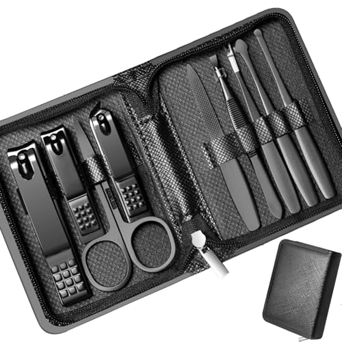 FOFAI Mens Nail Grooming Kit: 9 Pieces Nail Clippers Set for Men - Precision Stainless Steel Manicure Travel Set with Fingernail & Toenail Clippers Nail File Tweezers Scissors Cuticle Pusher