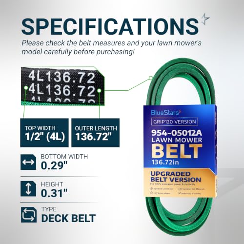 Image of [Upgraded Grip120] BlueStars 954-05012A Deck Belt | Aramid Cord 1 /2x136.72 | Deck Belt For 48 Inch Deck MTD Cub Cadet S48 SZ48 Gravely - Replaces 954-05012 754-05012A 754-05012 07200524