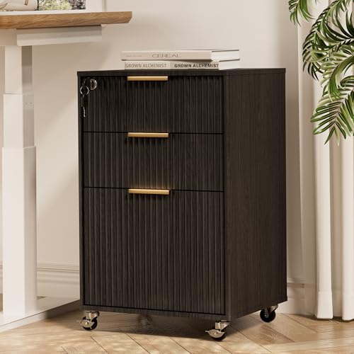 Image of 3 Drawers Fluted Mobile File Cabinet with Lock, Rolling File Cabinet Printer Stand Table, Under Desk Wooden Filing Cabinets for Home Office Essentials Storage Organization Furniture Letters /A4(Black)