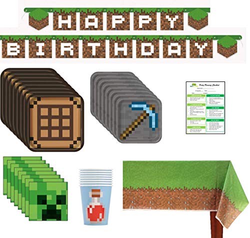 Minecraft Inspired Birthday Party Supplies Pack: Big/Small Plates, Cups, Napkins, Table Cover, Banner - 16 Guests