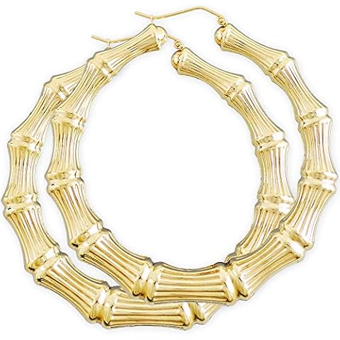 Large 10k Yellow Gold Round Bamboo Hoop Earrings 2.9 Inches Diameter Cover