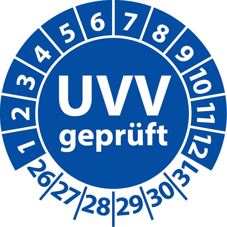 Prüfplakette UVV geprüft, Vinylfolie, Prüfaufkleber, Prüfetikett, Plakette Unfallverhütungsvorschrift (30 mm Ø, Blau, 250)