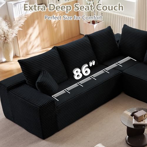 Image of Sectional Cloud Couch for Living Room, Modern Modular Floor Deep-Seat Sofa, Upholstered L Shaped Sofas, Big Comfy Corduroy Couches Set for Living Room Bedroom, No Assembly Required, Black