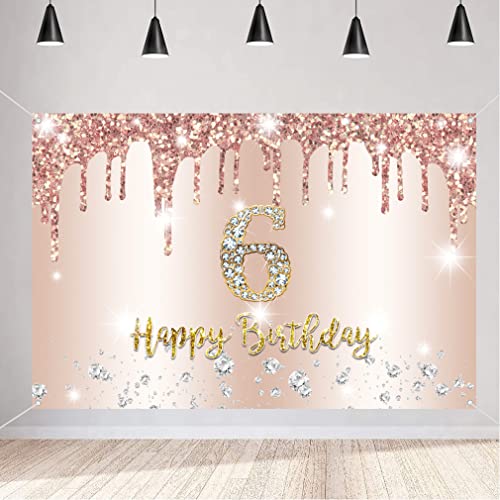 Happy 6th Birthday Decorations Backdrop Banner for Girls 6 Years Old Fabric Sign Poster Girl Rosegold Photography Background 6th Birthday Party Supplies, 150x90cm