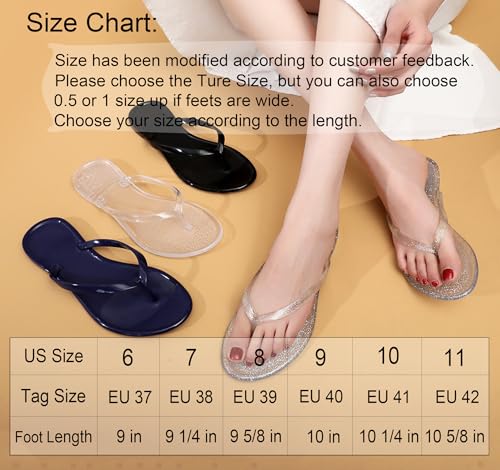 Flip Flops for Women Jelly Shoes Thong Sandals Jellies Flats Clear Slipper Summer Beach Pool Slides Size 10 Slip On Quick Drying Soft 6