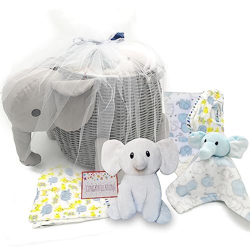 Image of Baby Shower Gifts - New Baby Newborn Essential Gift Basket, Beautiful Elephant Theme Gift Wrapped for a boy or Girl, All in One Registry Essential Stuff for Boys or Girls, Includes Card Perfect Set