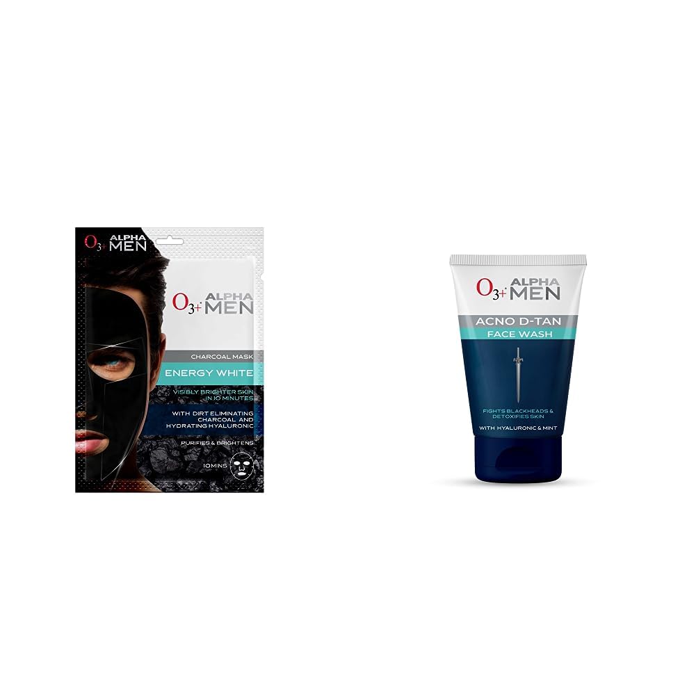 O3+ ALPHA MEN Energy White Charcoal Face Sheet Mask 30g with Charcoal & Hydrating Hyaluronic to Purify & Brighten Skin & O3+ ALPHA MEN Acno D-TAN Face Wash with Hyaluronic & Mint, 50ml Combo-image-6