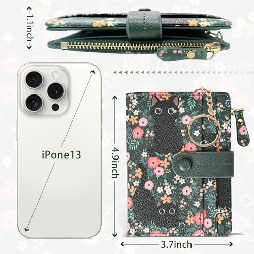 Image of COSHAYSOO Wallet for Women Ladies RFID Blocking-Compact Bifold Coin Purse with Card Slots ID Window Zipper Pocket-Waterproof PU Leather Mini Wallet with Keychain Hook-Floral Cat Design
