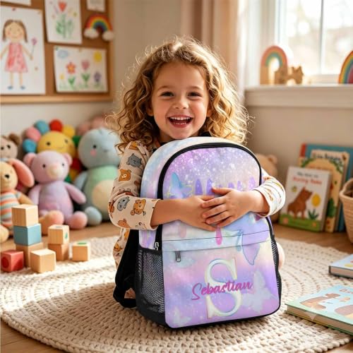 Image of Custom Backpack for Girls Kids Personalized Backpacks Back to School Set | Kid Customized Toddler Girl Backpack with Lunch Bag Book Bag Kindergarten Prek Preschool Gifts White Butterfly