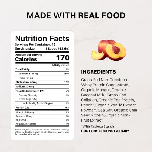 Image of JUST INGREDIENTS Peaches & Cream Protein Powder, 15 Servings, 22g Protein from 4 Sources, Certified Grassfed New Zealand Whey Concentrate, Made with Real Food Ingredients, No Gums or Fillers