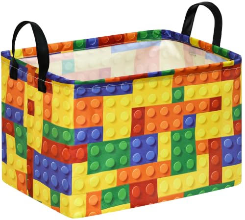 Image of Colorful Building Blocks Print Storage Basket, Waterproof Lining Organizer Bins, Leather Handles, Collapsible for Kids Toys, Clothes, Laundry, Gift Basket