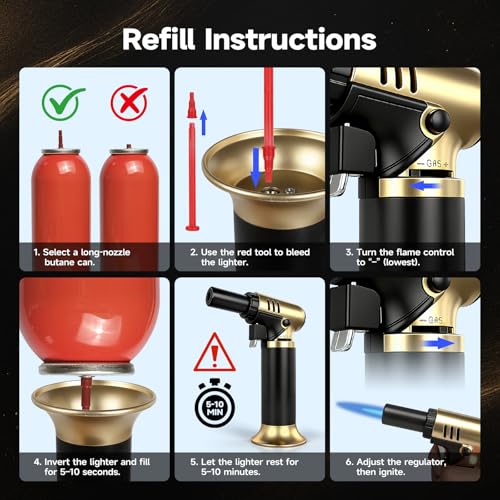 Navpeak Refillable Butane Kitchen Torch Lighter, Jet Flame with Continuous Flame Lock, Flame Control & Base Stand for Cooking, Baking, Creme Brulee, Camping, Gold Color (Butane Not Included)
