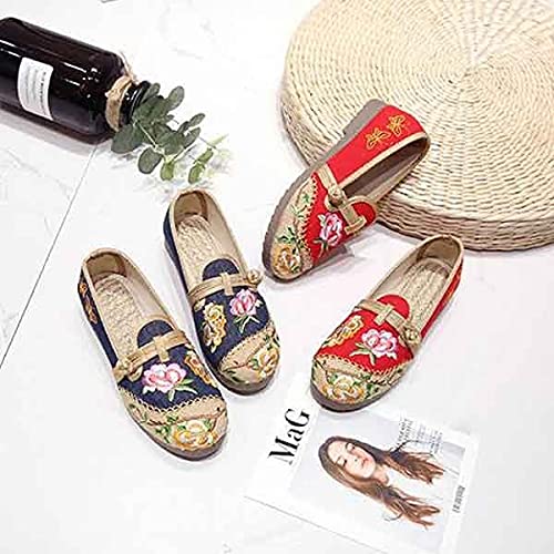 Chinese Beijing Embroidered Women Handmade Linen Canvas Embroidered Ladies Casual Knitted Espadrilles Flat Shoes (Color : Red, Size : Code 38) (Blue Code 40)2