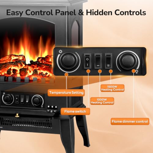 Image of Electric Fireplace Stove with 3D Flame Effect, 1000 /1500W & Flame-Only Mode