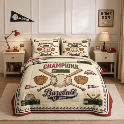 Nesker Baseball Comforter Set Twin Size 5 Pieces Bed in a Bag Vintage Baseball Bedding Set for Boys Retro Game Comforter Set with 1 Pillowcase & 1 Sham