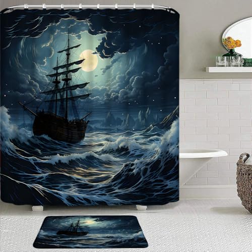 2 Pcs Nautical Pirate Ship Shower Curtain Sets,Vintage Ghost Sailboat