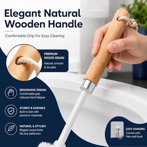 Image of Coofandy Wooden Toilet Brush with Ergonomic Handle Bathroom Cleaning Brush Toilet Bowl Cleaner Brushes Soft Dense Bristles Deep Toilet Scrubber Wooden Handle for Washroom Home Cleaning Accessories