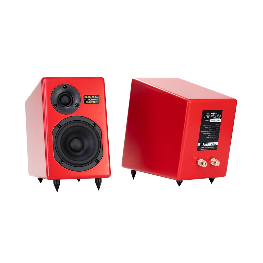 Bookshelf Speakers Passive Tabebuia Speaker System,Custom Wavecor Drivers,100W Per Channel,56Hz-32kHz Response, Wall-Distance Adjustable with Spikes(Pair) (Red)