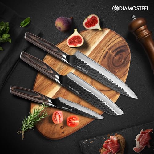 diamosteel Kitchen Knife Set - 3 Pieces Knives Set for Kitchen High Carbon 9CR18MOV Steel, Hammered Black Oxide Blade & Pakkawood Handle - Profession Chef Knife Set Elegant Holiday Gift for Chefs by diamosteel - Used condition - US$29.69