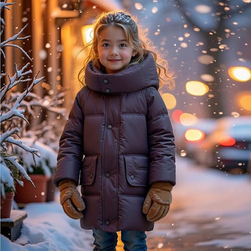 Girls Mid Puffer Jacket Quilted Button Hooded Coat Fleece Thickened Winter Warm Jacket with Pockets Soft Comfy Coat3