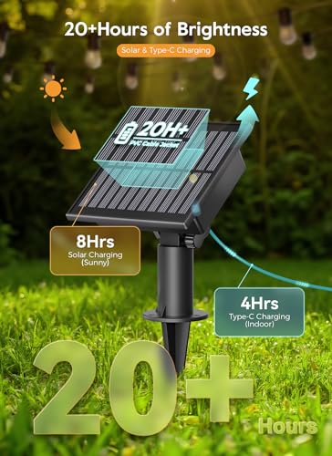 Image of Minetom 58FT Solar String Lights Outdoor Waterproof, 17 LED S14 Shatterproof Bulb, Patio Lights with Remote Type-C Port Timable, 3 Light Modes Dimmable Solar String Lights for Outside, Yard, Camping