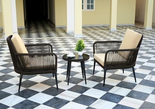 Image of DEVOKO 3 Piece Rope Patio Bistro Set Outdoor Conversation with Waterproof All Weather Chair and Glass Top Coffee Table for Garden, Balcony, Porch, Poolside (Dark Brown & Cream)