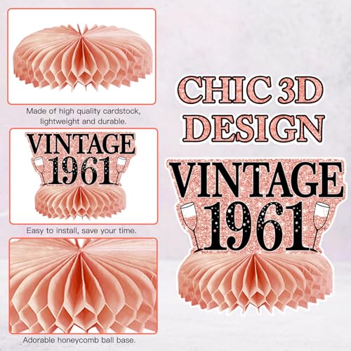 Image of 9Pcs 65th Birthday Decorations Honeycomb Centerpieces for Women, Rose Gold Pink Happy 65th Birthday Centerpieces Tables Toppers Party Decorations Supplies, Vintage 1961 Aged Table Sign Decor