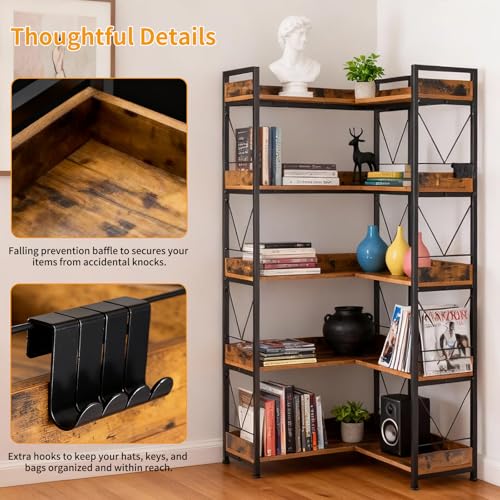 Image of DUMOS 65 inch L Shaped Bookshelf, 5 Tier Corner Bookcase with Hooks and Edge, Industrial Pantry Shelves with Metal Frame, Wooden Open Storage for Living Room, Home Office, Bedroom, Rustic Brown