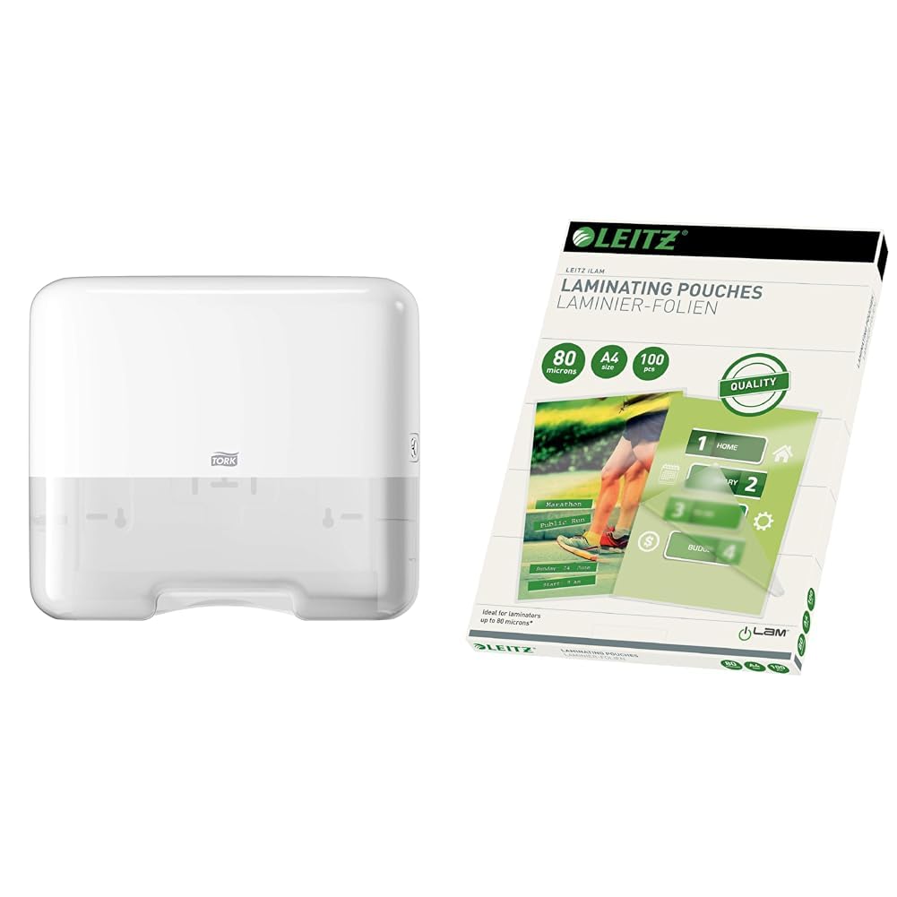 Tork Mini Spender für Zickzack und Lagenfalz Papierhandtücher 553100 & Leitz Heißlaminierfolien A4 80 mic