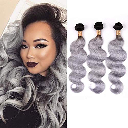 Ombre Bundle Black To Silver Grey Body Wave 3 Bundles Brazilian Virgin Human Hair Extensions 1B/Grey 2 Tone Ombre Human Hair Weave Double Weft Mixed Length Short Bundle 10 12 14 Inch